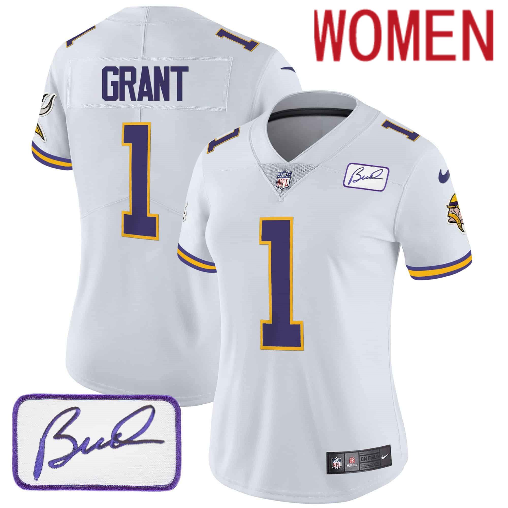 Women Minnesota Vikings #1 Grant White 2024 Nike Bud Grant Patch Classic Limited NFL Jersey style 1